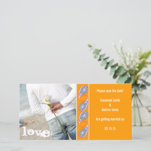 オレンジ&ラベンダーペイズリー日付を保存 セーブザデート (スタンド正面)