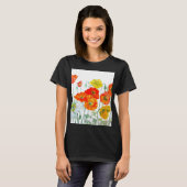 オレンジ レッド ポピー フラワーパターン 水彩 Tシャツ (正面フル)