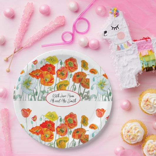 オレンジ レッド ポピー フラワー パターン ウォーターカラー ウェディング ペーパープレート (パーティー)