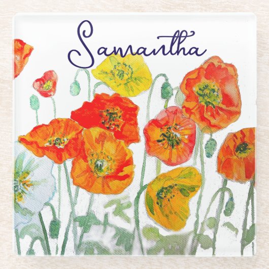オレンジ レッド ポピー 花柄 サンクス ガラスコースター (正面)