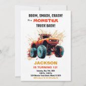 オレンジ・レッド・モンスター・トラックの誕生日パーティー招待状 招待状 (正面)