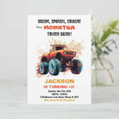 オレンジ・レッド・モンスター・トラックの誕生日パーティー招待状 招待状 (スタンド正面)