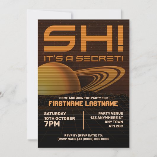 オレンジ・レトロウェーブ・サプライズバースデーパーティー招待状 招待状 (正面)