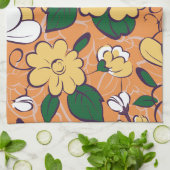 オレンジ レトロ ボタニカル イエローフラワー カスタムネーム キッチンタオル (折り畳み)