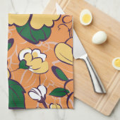 オレンジ レトロ ボタニカル イエローフラワー カスタムネーム キッチンタオル (四つ折り)