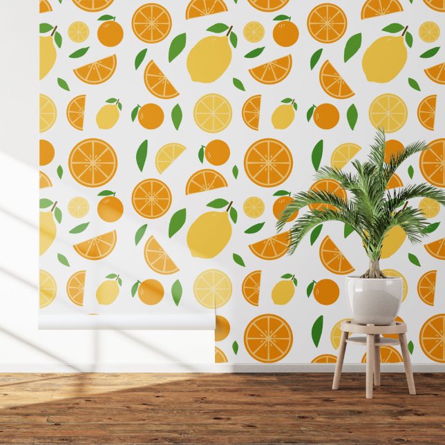 オレンジ&レモンパターンホワイト 壁紙 (Orange & Lemon Pattern Wallpaper)