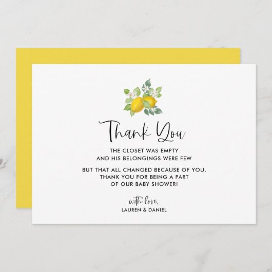 オレンジ レモン 赤ちゃんシャワー 感謝カード (正面/裏面)