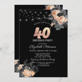 オレンジ ローズ ストリング ライト ブラック 40歳の誕生日 招待状 (正面/裏面)