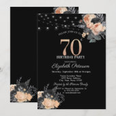 オレンジ ローズ ストリング ライト ブラック 70歳の誕生日 招待状 (正面/裏面)