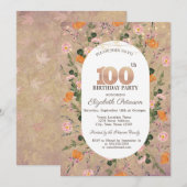 オレンジ ワイルドフラワー ストリング ライト 100歳の誕生日 招待状 (正面/裏面)