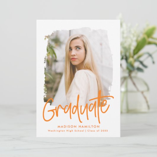 オレンジ |写真名門私立校風の卒業パーティーのスクリプト 招待状 (スタンド正面)