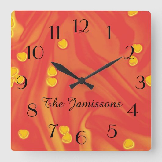 オレンジ(小さな黄色のハート、名前、  スクエア壁時計 (正面)