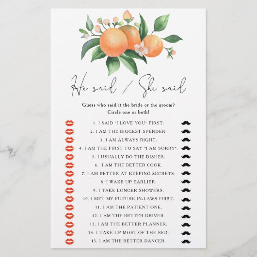 オレンジ – 彼は彼女はブライダルシャワーゲームと言った (正面)