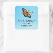 オレンジ（昆虫）オオカバマダラ、モナークバタフライかわいらしスカイブルー蔵書票 スクエアシール (バッグ)