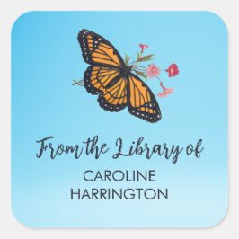 オレンジ（昆虫）オオカバマダラ、モナークバタフライかわいらしスカイブルー蔵書票 スクエアシール
