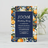 オレンジ 白い花 ネイビーブルー 100歳の誕生日 招待状 (スタンド正面)