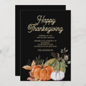 オレンジ 白い かぼちゃ 黒 幸せな感謝祭 招待状 (正面/裏面)