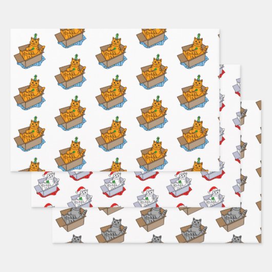 オレンジ、白と灰色のクリスマスと誕生日猫  ラッピングペーパーシート (セット)