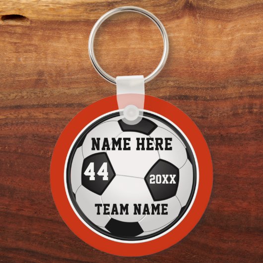オレンジ、白黒サッカーのギフトパーソナライズされた、 キーホルダー (正面)