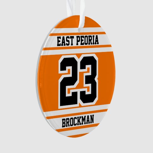 オレンジ、白黒ジャージーのスポーツ数 オーナメント (正面)