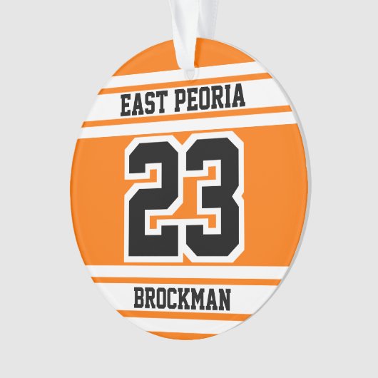 オレンジ、白黒ジャージーのスポーツ数 オーナメント (正面)
