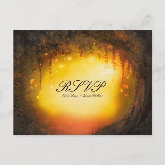 オレンジ 秋 リアルな 魔法の森 ウェディング 返信ハガキ インビテーションポストカード (正面)