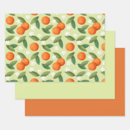 オレンジ、緑の離れ花と白の花模様 ラッピングペーパーシート