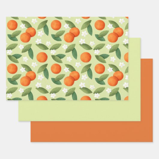 オレンジ、緑の離れ花と白の花模様 ラッピングペーパーシート (セット)