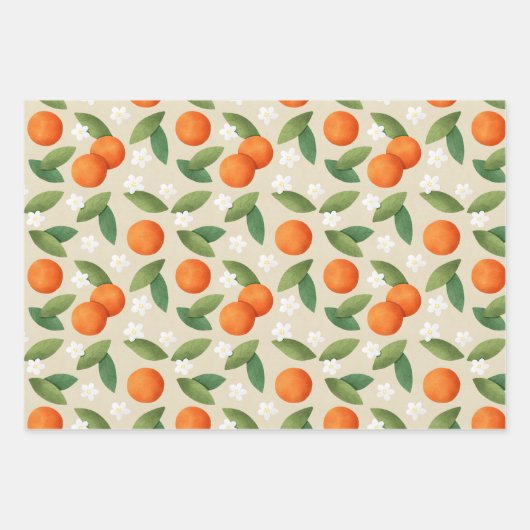 オレンジ、緑の離れ花と白の花模様 ラッピングペーパーシート (正面)