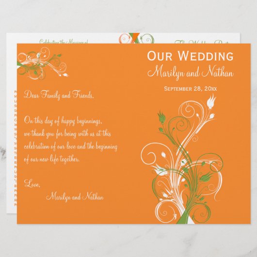 オレンジ、緑、および白のフローラ結婚式 プログラム (正面/裏面)