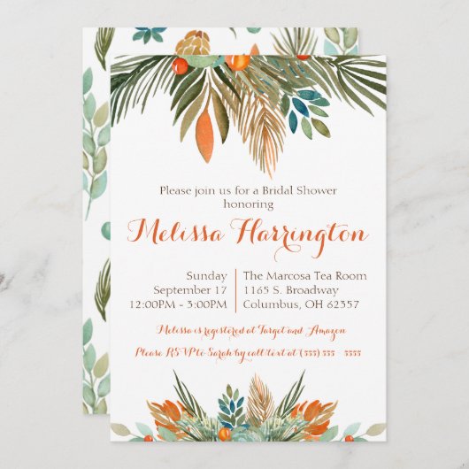 オレンジ、緑、および茶色のフローラブライダルシャワー 招待状 (正面/裏面)