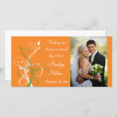 オレンジ、緑、白のフローラ結婚の写真カード サンキューカード (正面/裏面)