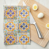 オレンジ – 緑 – 青タイルのキッチンタオル キッチンタオル (四つ折り)