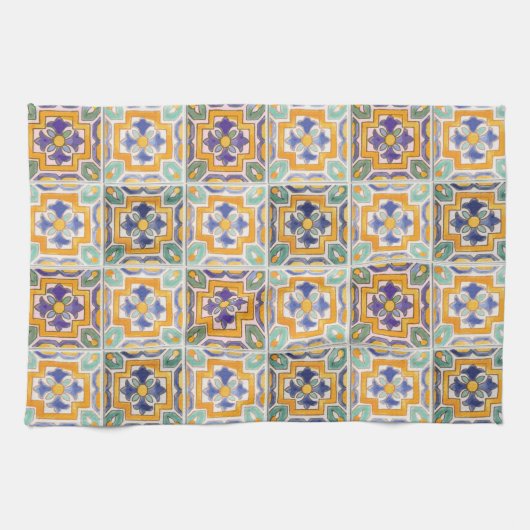 オレンジ – 緑 – 青タイルのキッチンタオル キッチンタオル (横)