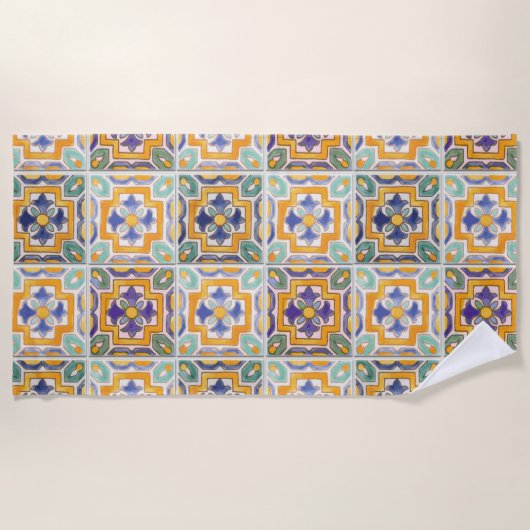 オレンジ – 緑 – 青タイルビーチタオル ビーチタオル (正面)