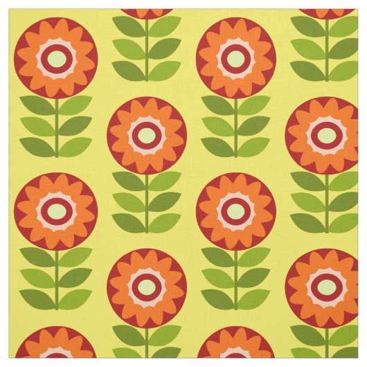 オレンジ、緑、黄色のレトロ花柄 ファブリック (見本)