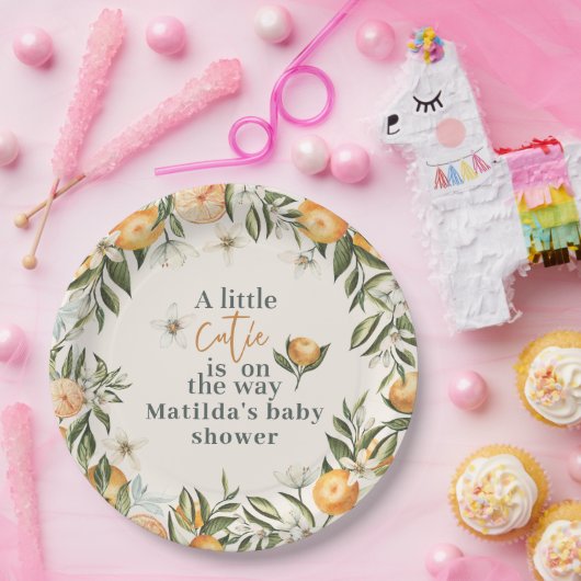 オレンジ+花のかわいいベビーシャワー ペーパープレート (パーティー)