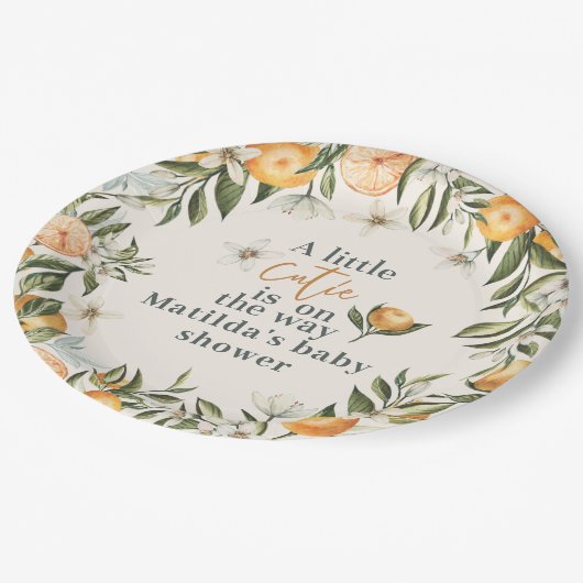 オレンジ+花のかわいいベビーシャワー ペーパープレート (アングル)
