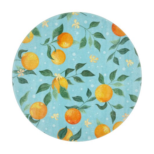 オレンジ、花：テキスタイルのシームレスなパターン。 カッティングボード (正面)