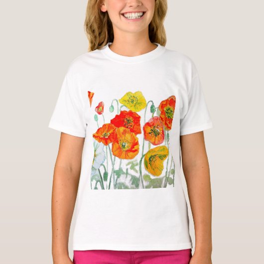 オレンジ 赤 黄 ポピー 水彩 クッション 白 Tシャツ (正面)
