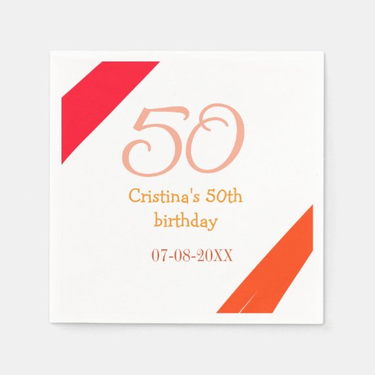 オレンジ＋赤＋50歳＋誕生日＋記念日＋名前＋日付 スタンダードカクテルナプキン (正面)