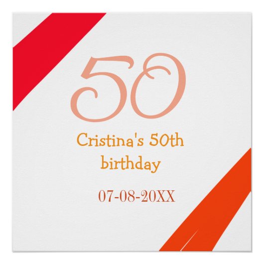 オレンジ＋赤＋50歳＋誕生日＋記念日＋名前＋日付 ポスター (正面)