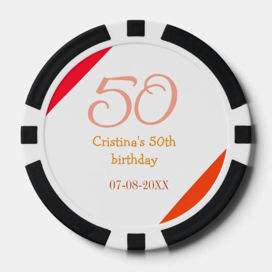 オレンジ＋赤＋50歳＋誕生日＋記念日＋名前＋日付＋p ポーカーチップ (正面)