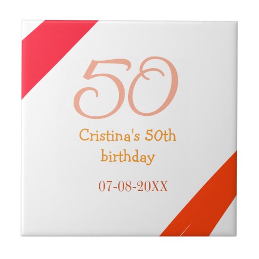 オレンジ+赤+50+誕生日+記念日+名前+日付+p タイル (正面)