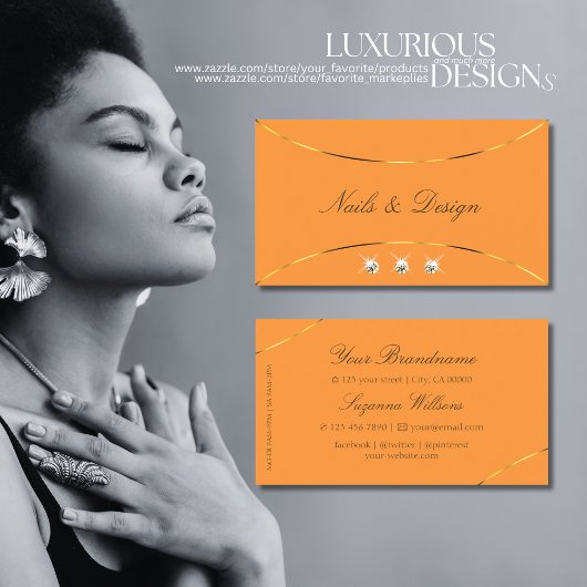 オレンジ、金ゴールドデコー縁どルとスパークルダイヤモンド 名刺