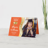 オレンジ |金ゴールド大学院生Wave Grad Cap写真 サンキューカード (正面)