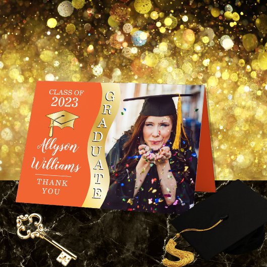 オレンジ |金ゴールド大学院生Wave Grad Cap写真 サンキューカード