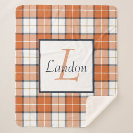 オレンジ、青、白タータンチェック シェルパブランケット