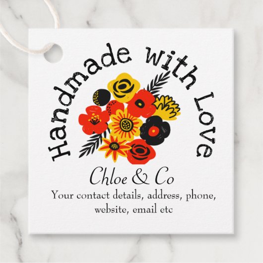 オレンジ、黄色の花の手作り愛ありがとう フェイバータグ (正面)