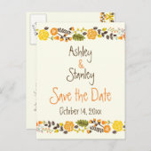 オレンジ、黄色縁どのフローラ結婚式の日付を保存 案内ポストカード (正面/裏面)